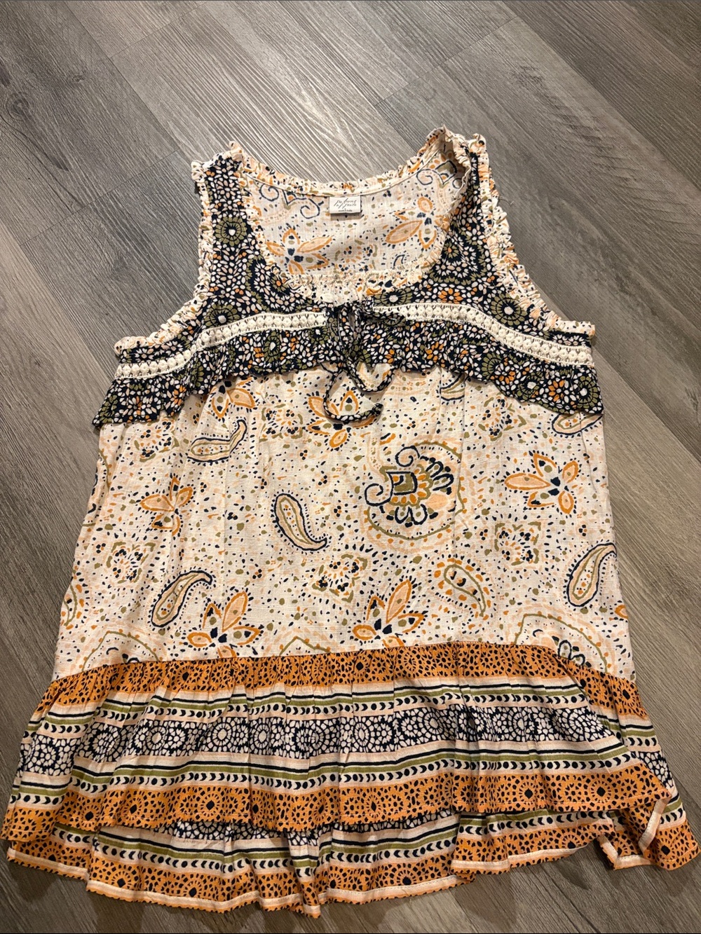 Patrons of Peace Cream and Orange Paisley Ruffled Tank